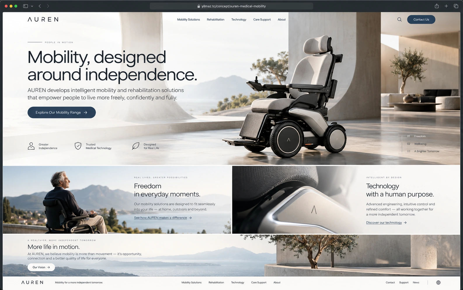 AUREN marka akülü tekerlekli sandalyenin minimalist beton iç mekânda sergilendiği web sitesi ana sayfası tasarımı