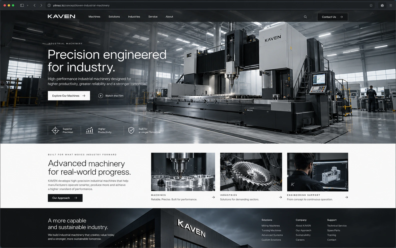 KAVEN endüstriyel makine web sitesi — fabrikanın içinde dev CNC portal frezeleme makinesi, arka planda çalışan ve yoğun sanayi aydınlatması