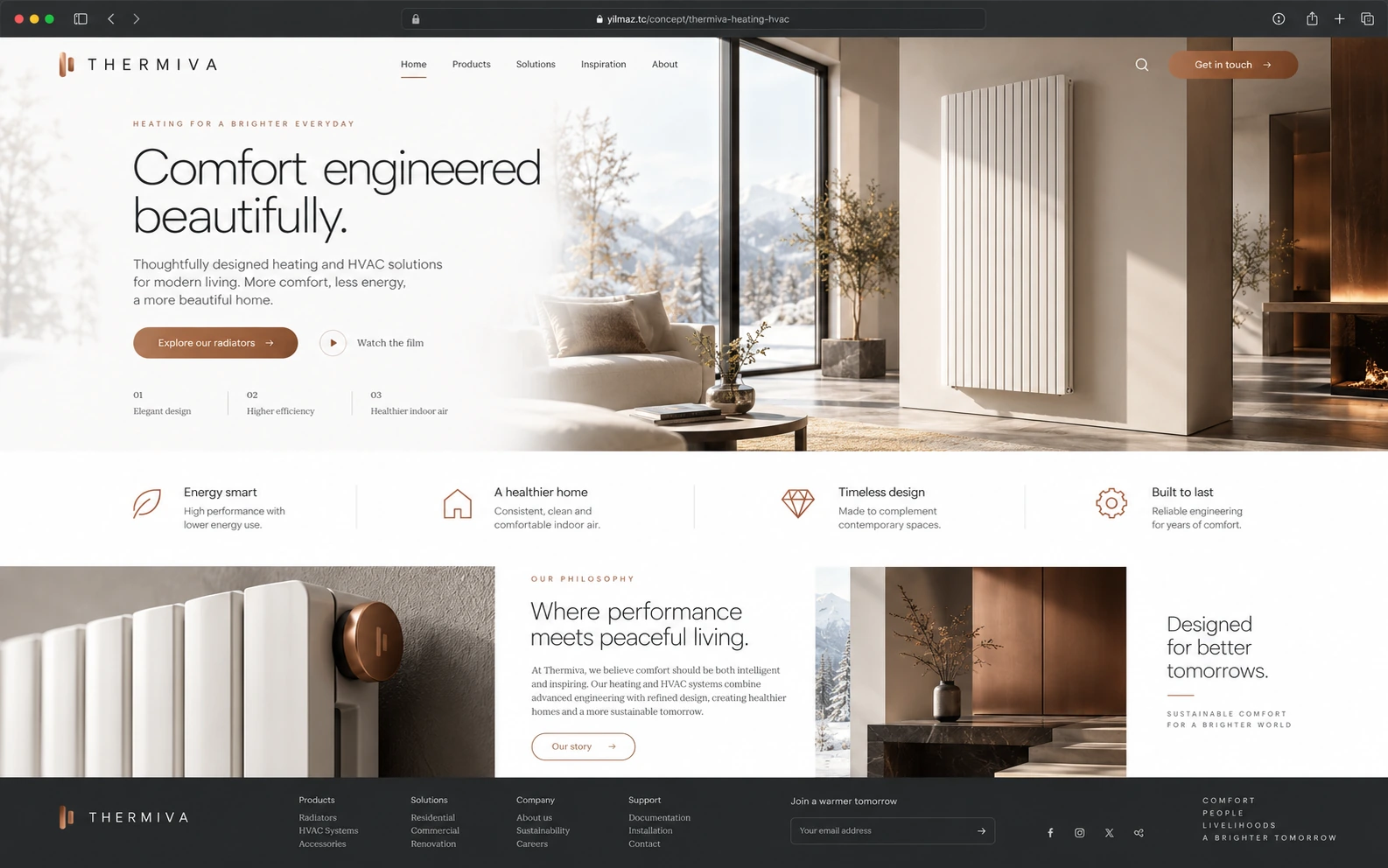 THERMIVA web sitesi hero bölümü — modern İskandinav tarzı oturma odasında duvara monte dikey beyaz panel radyatör, karlı dağ manzaralı büyük pencere ve krem koltuk