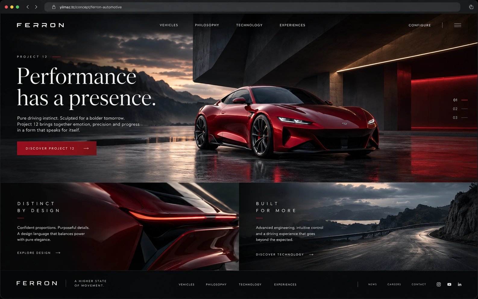 FERRON otomotiv web sitesi — kırmızı spor araba mimari fon önünde, siyah arka plan lüks tasarım