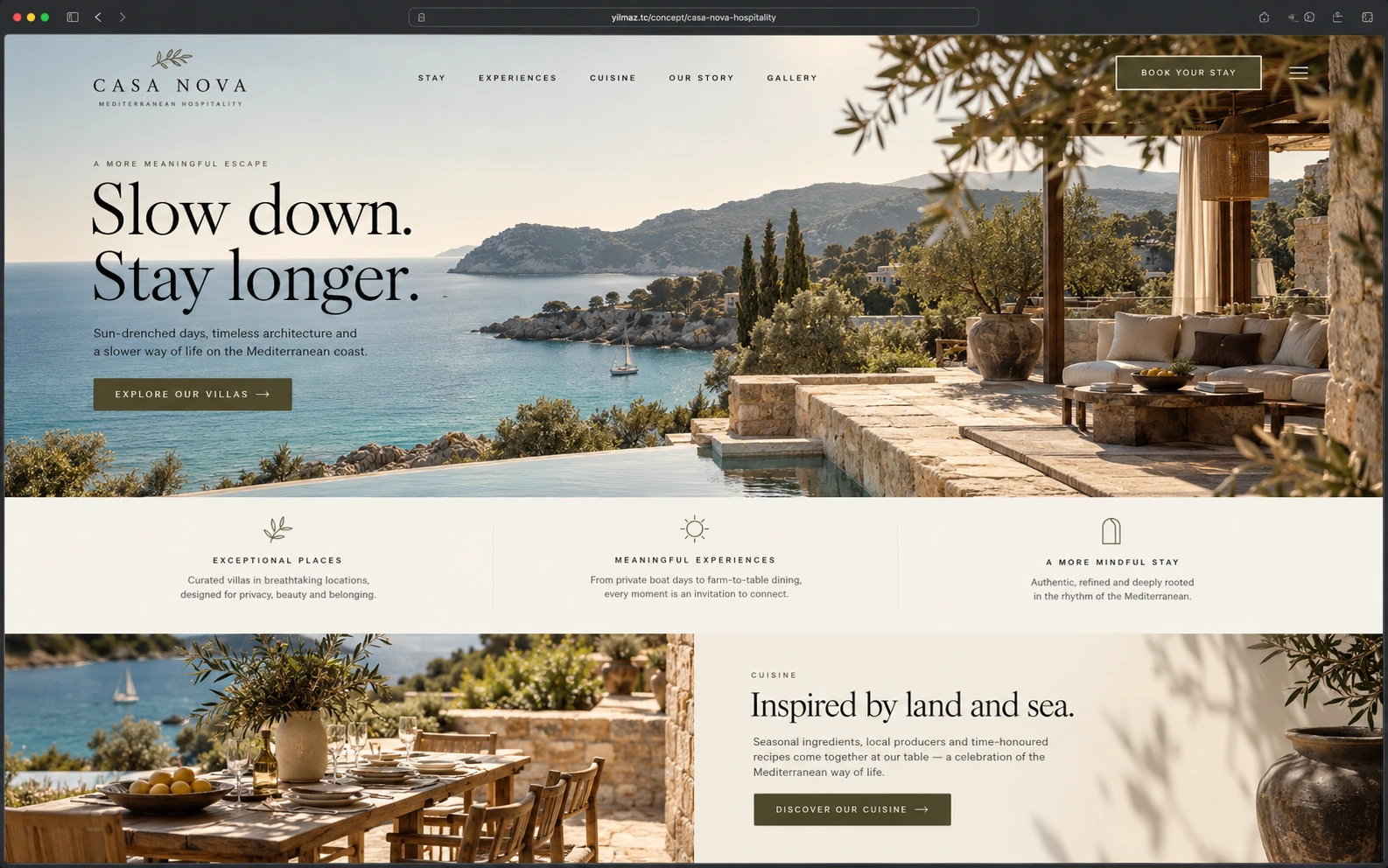 Casa Nova butik otel web sitesi, Akdeniz kıyısında sonsuzluk havuzu ve zeytinlikle çevrili taş villa terası