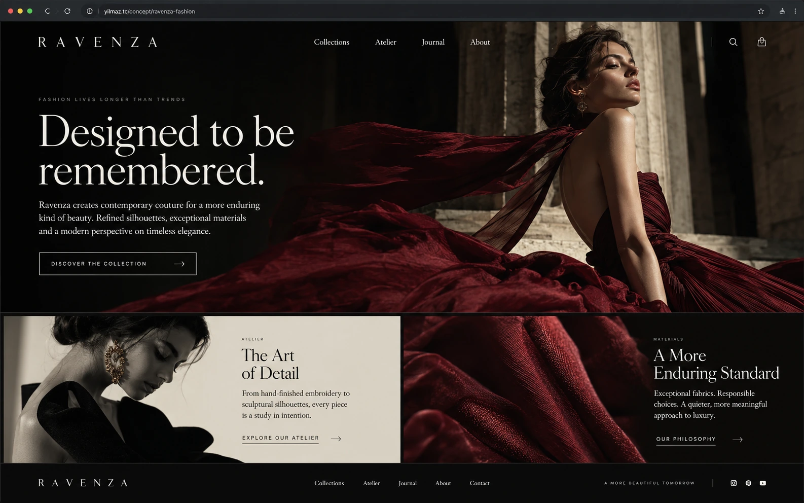 Ravenza moda e-ticaret web sitesi, siyah arka planda koyu kırmızı akışkan elbiseli dramatik editöryal fotoğraf ve serifli tipografi